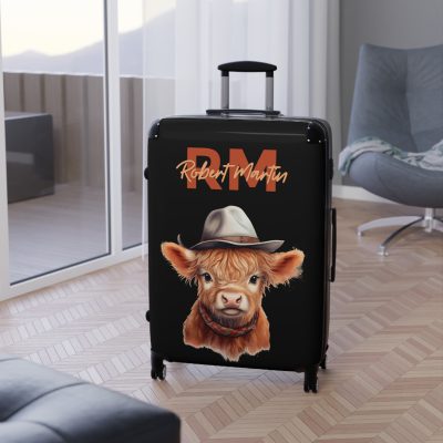 Custom Highland Cow Suitcase - A personalized luggage adorned with a unique cow-themed design, perfect for travelers who want to add a touch of individuality to their journeys.