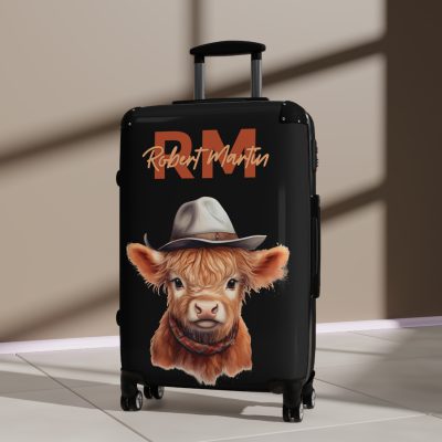 Custom Highland Cow Suitcase - A personalized luggage adorned with a unique cow-themed design, perfect for travelers who want to add a touch of individuality to their journeys.