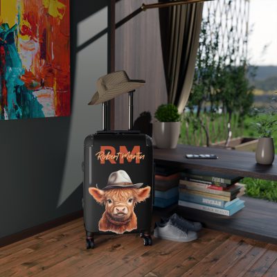 Custom Highland Cow Suitcase - A personalized luggage adorned with a unique cow-themed design, perfect for travelers who want to add a touch of individuality to their journeys.