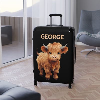 Custom Highland Cow Suitcase - A personalized luggage adorned with a unique cow-themed design, perfect for travelers who want to add a touch of individuality to their journeys.