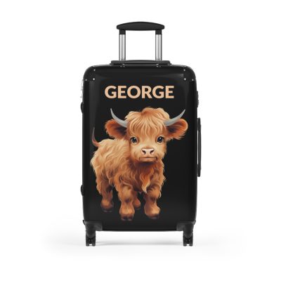 Custom Highland Cow Suitcase - A personalized luggage adorned with a unique cow-themed design, perfect for travelers who want to add a touch of individuality to their journeys.