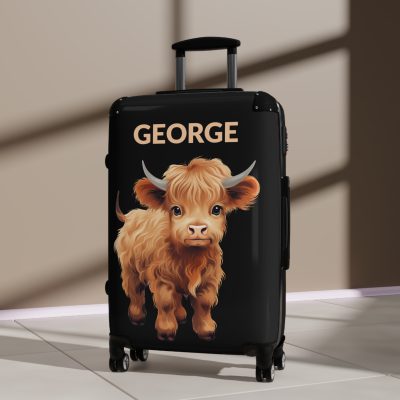 Custom Highland Cow Suitcase - A personalized luggage adorned with a unique cow-themed design, perfect for travelers who want to add a touch of individuality to their journeys.