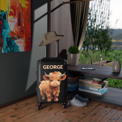 Custom Highland Cow Suitcase - A personalized luggage adorned with a unique cow-themed design, perfect for travelers who want to add a touch of individuality to their journeys.