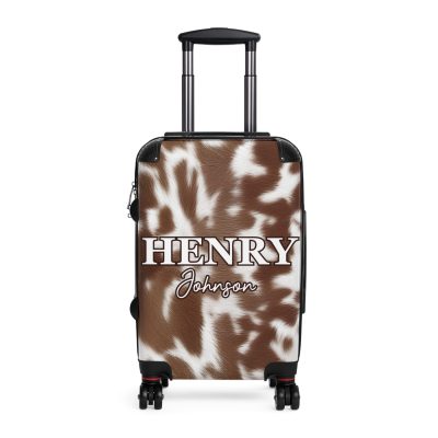 Custom Cowhide Suitcase - A personalized luggage adorned with a unique design, perfect for travelers who want to add a touch of individuality to their journeys.