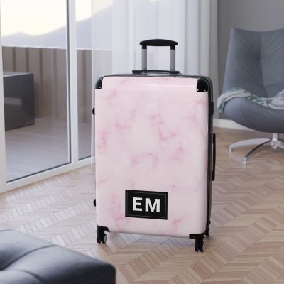 Pink Marble Initial Suitcase - Personalized Travel Luggage with Elegant Pink Marble Design and Custom Initials