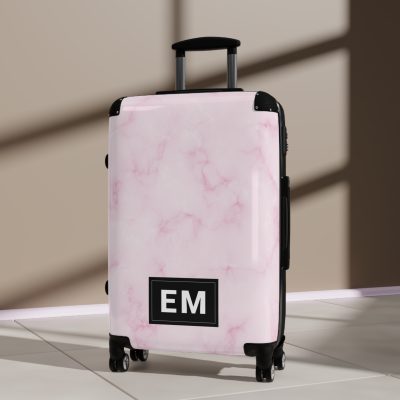 Pink Marble Initial Suitcase - Personalized Travel Luggage with Elegant Pink Marble Design and Custom Initials