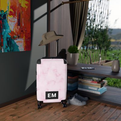 Pink Marble Initial Suitcase - Personalized Travel Luggage with Elegant Pink Marble Design and Custom Initials