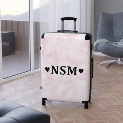 Pink Marble Initial Suitcase - Personalized Travel Luggage with Elegant Pink Marble Design and Custom Initials