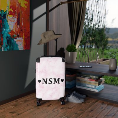 Pink Marble Initial Suitcase - Personalized Travel Luggage with Elegant Pink Marble Design and Custom Initials