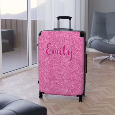 Custom Pink Glitter Suitcase - Sparkling Personalized Luggage with Glittering Pink Design