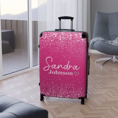 Custom Name Pink Glitter Suitcase - Personalized Sparkling Luggage with Glittering Pink Design