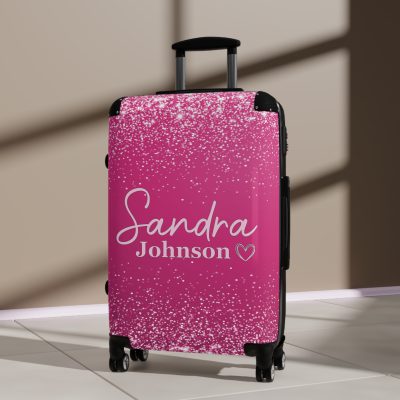 Custom Name Pink Glitter Suitcase - Personalized Sparkling Luggage with Glittering Pink Design