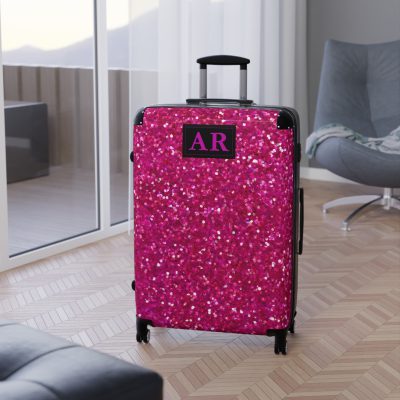 Custom Initial Pink Glitter Suitcase - Personalized Sparkling Luggage with Glittering Pink Design