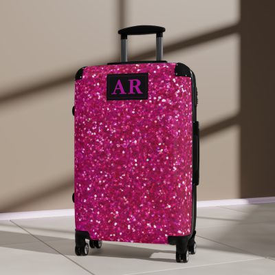 Custom Initial Pink Glitter Suitcase - Personalized Sparkling Luggage with Glittering Pink Design