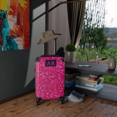 Custom Initial Pink Glitter Suitcase - Personalized Sparkling Luggage with Glittering Pink Design