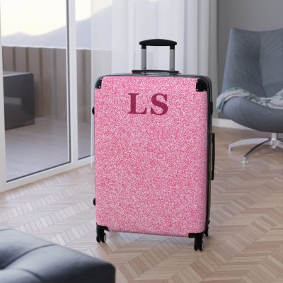 Custom Initial Pink Glitter Suitcase - Personalized Sparkling Luggage with Glittering Pink Design