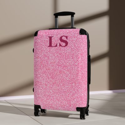 Custom Initial Pink Glitter Suitcase - Personalized Sparkling Luggage with Glittering Pink Design