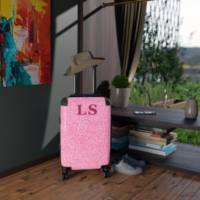 Custom Initial Pink Glitter Suitcase - Personalized Sparkling Luggage with Glittering Pink Design