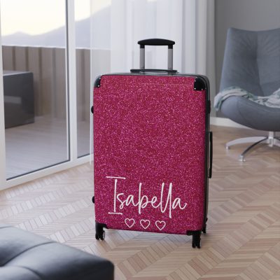 Custom Name Pink Glitter Suitcase - Personalized Sparkling Luggage with Glittering Pink Design