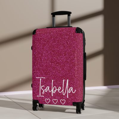 Custom Name Pink Glitter Suitcase - Personalized Sparkling Luggage with Glittering Pink Design