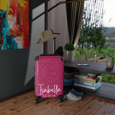 Custom Name Pink Glitter Suitcase - Personalized Sparkling Luggage with Glittering Pink Design