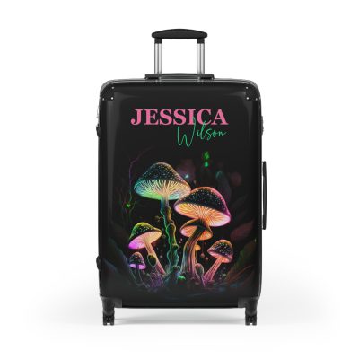 Custom Mushroom Suitcase - A personalized suitcase adorned with a whimsical mushroom-themed design, perfect for travelers who want to add a touch of magic to their luggage.