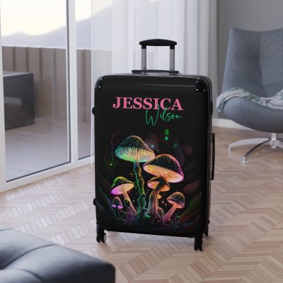 Custom Mushroom Suitcase - A personalized suitcase adorned with a whimsical mushroom-themed design, perfect for travelers who want to add a touch of magic to their luggage.