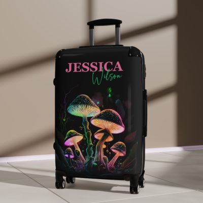 Custom Mushroom Suitcase - A personalized suitcase adorned with a whimsical mushroom-themed design, perfect for travelers who want to add a touch of magic to their luggage.