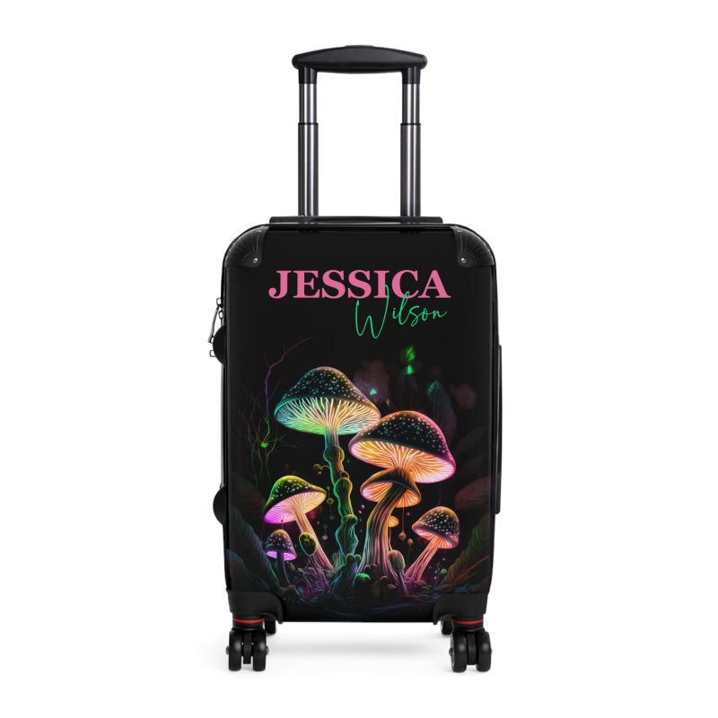 Custom Mushroom Suitcase - A personalized suitcase adorned with a whimsical mushroom-themed design, perfect for travelers who want to add a touch of magic to their luggage.