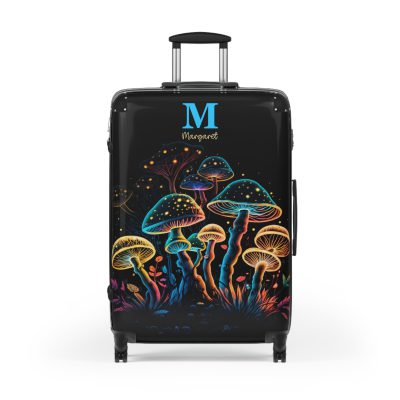 Custom Mushroom Suitcase - A personalized suitcase adorned with a whimsical mushroom-themed design, perfect for travelers who want to add a touch of magic to their luggage.