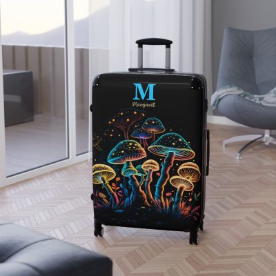 Custom Mushroom Suitcase - A personalized suitcase adorned with a whimsical mushroom-themed design, perfect for travelers who want to add a touch of magic to their luggage.