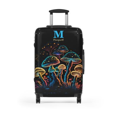 Custom Mushroom Suitcase - A personalized suitcase adorned with a whimsical mushroom-themed design, perfect for travelers who want to add a touch of magic to their luggage.