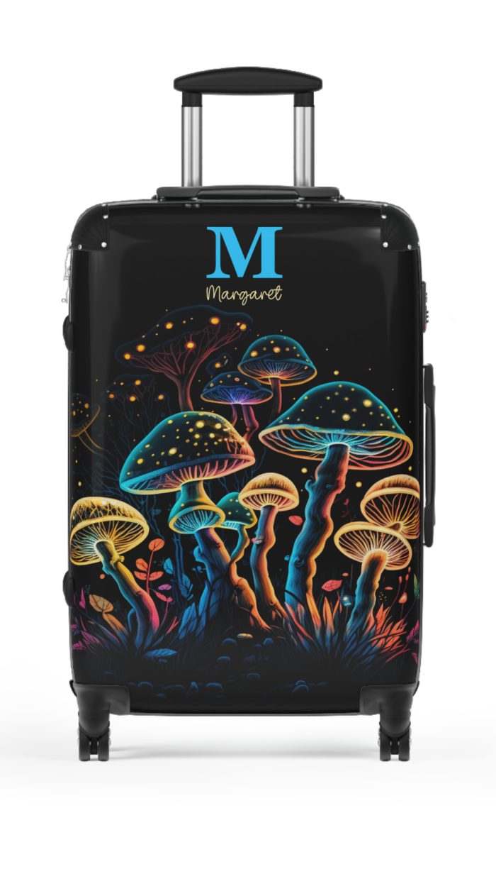 Custom Mushroom Suitcase - A personalized suitcase adorned with a whimsical mushroom-themed design, perfect for travelers who want to add a touch of magic to their luggage.