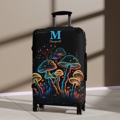 Custom Mushroom Suitcase - A personalized suitcase adorned with a whimsical mushroom-themed design, perfect for travelers who want to add a touch of magic to their luggage.