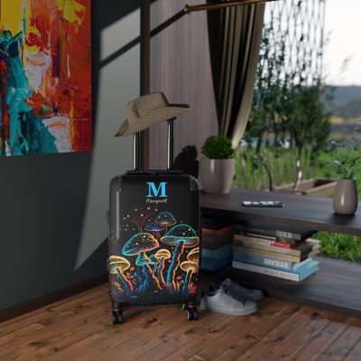 Custom Mushroom Suitcase - A personalized suitcase adorned with a whimsical mushroom-themed design, perfect for travelers who want to add a touch of magic to their luggage.