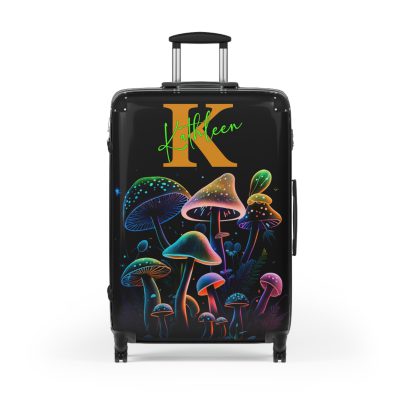 Custom Mushroom Suitcase - A personalized suitcase adorned with a whimsical mushroom-themed design, perfect for travelers who want to add a touch of magic to their luggage.