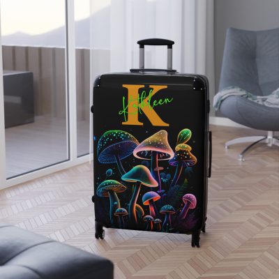 Custom Mushroom Suitcase - A personalized suitcase adorned with a whimsical mushroom-themed design, perfect for travelers who want to add a touch of magic to their luggage.