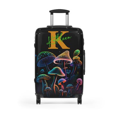 Custom Mushroom Suitcase - A personalized suitcase adorned with a whimsical mushroom-themed design, perfect for travelers who want to add a touch of magic to their luggage.