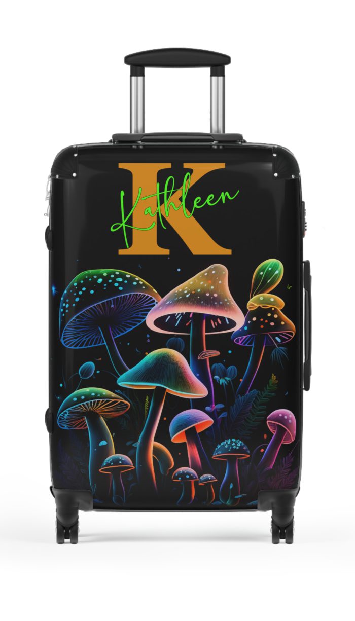 Custom Mushroom Suitcase - A personalized suitcase adorned with a whimsical mushroom-themed design, perfect for travelers who want to add a touch of magic to their luggage.