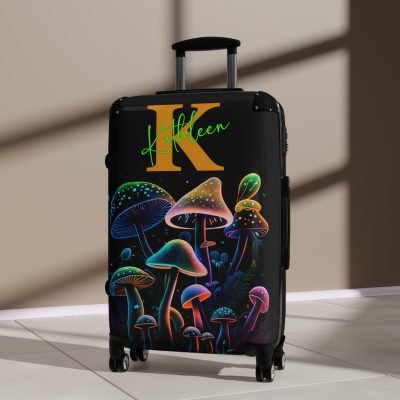 Custom Mushroom Suitcase - A personalized suitcase adorned with a whimsical mushroom-themed design, perfect for travelers who want to add a touch of magic to their luggage.