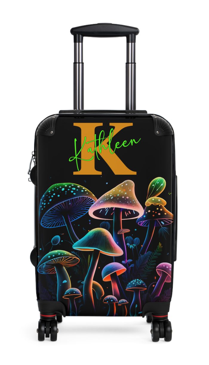 Custom Mushroom Suitcase - A personalized suitcase adorned with a whimsical mushroom-themed design, perfect for travelers who want to add a touch of magic to their luggage.