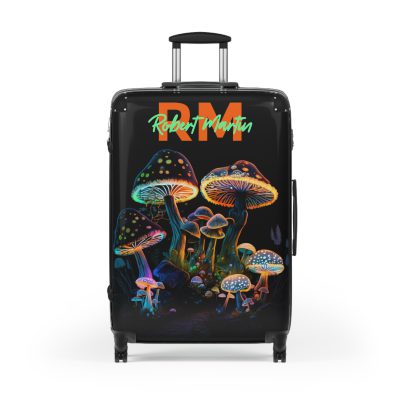 Custom Mushroom Suitcase - A personalized suitcase adorned with a whimsical mushroom-themed design, perfect for travelers who want to add a touch of magic to their luggage.