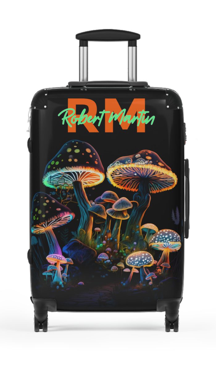 Custom Mushroom Suitcase - A personalized suitcase adorned with a whimsical mushroom-themed design, perfect for travelers who want to add a touch of magic to their luggage.