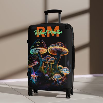 Custom Mushroom Suitcase - A personalized suitcase adorned with a whimsical mushroom-themed design, perfect for travelers who want to add a touch of magic to their luggage.