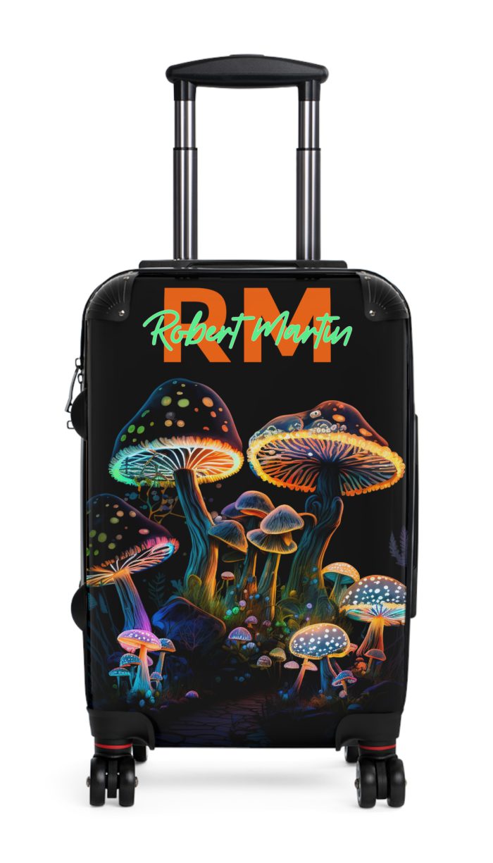 Custom Mushroom Suitcase - A personalized suitcase adorned with a whimsical mushroom-themed design, perfect for travelers who want to add a touch of magic to their luggage.