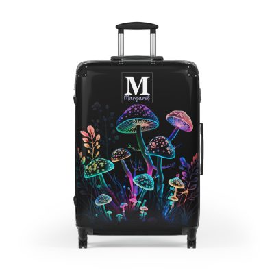 Custom Mushroom Suitcase - A personalized suitcase adorned with a whimsical mushroom-themed design, perfect for travelers who want to add a touch of magic to their luggage.