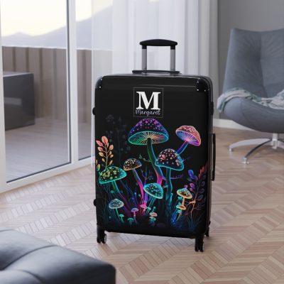 Custom Mushroom Suitcase - A personalized suitcase adorned with a whimsical mushroom-themed design, perfect for travelers who want to add a touch of magic to their luggage.