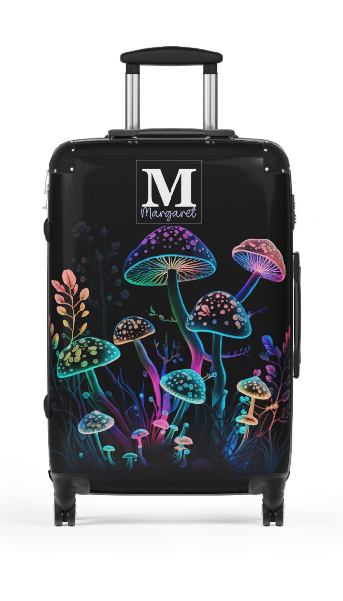 Custom Mushroom Suitcase - A personalized suitcase adorned with a whimsical mushroom-themed design, perfect for travelers who want to add a touch of magic to their luggage.