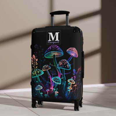 Custom Mushroom Suitcase - A personalized suitcase adorned with a whimsical mushroom-themed design, perfect for travelers who want to add a touch of magic to their luggage.