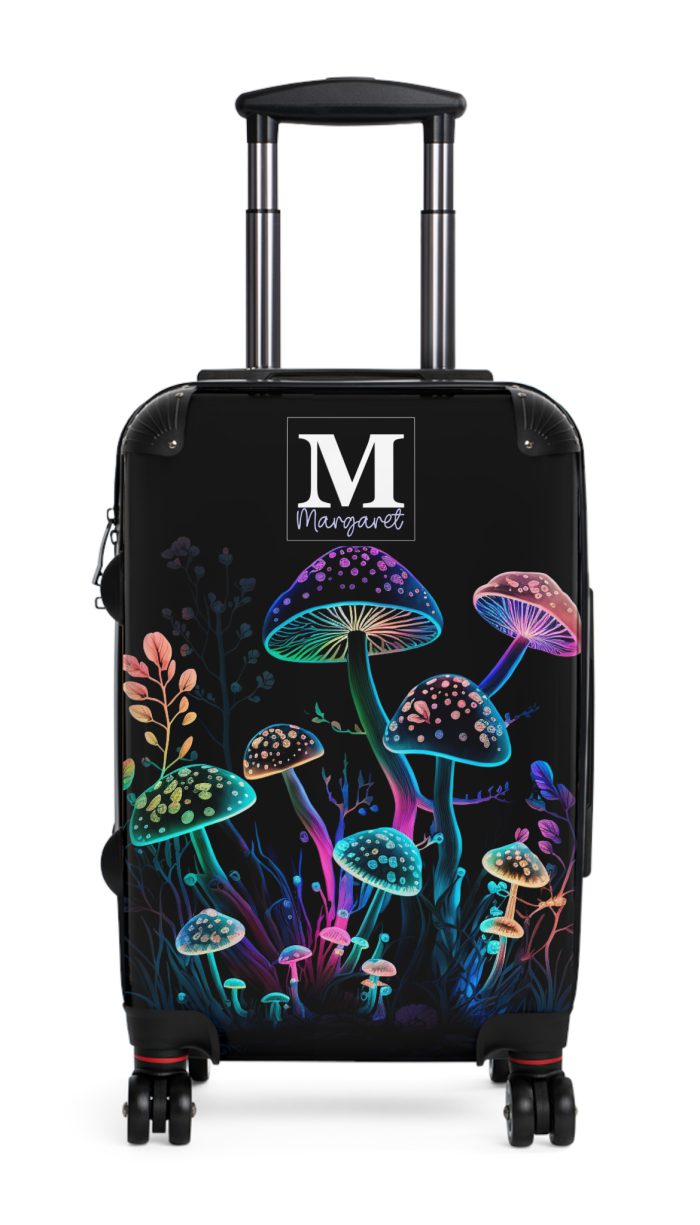 Custom Mushroom Suitcase - A personalized suitcase adorned with a whimsical mushroom-themed design, perfect for travelers who want to add a touch of magic to their luggage.